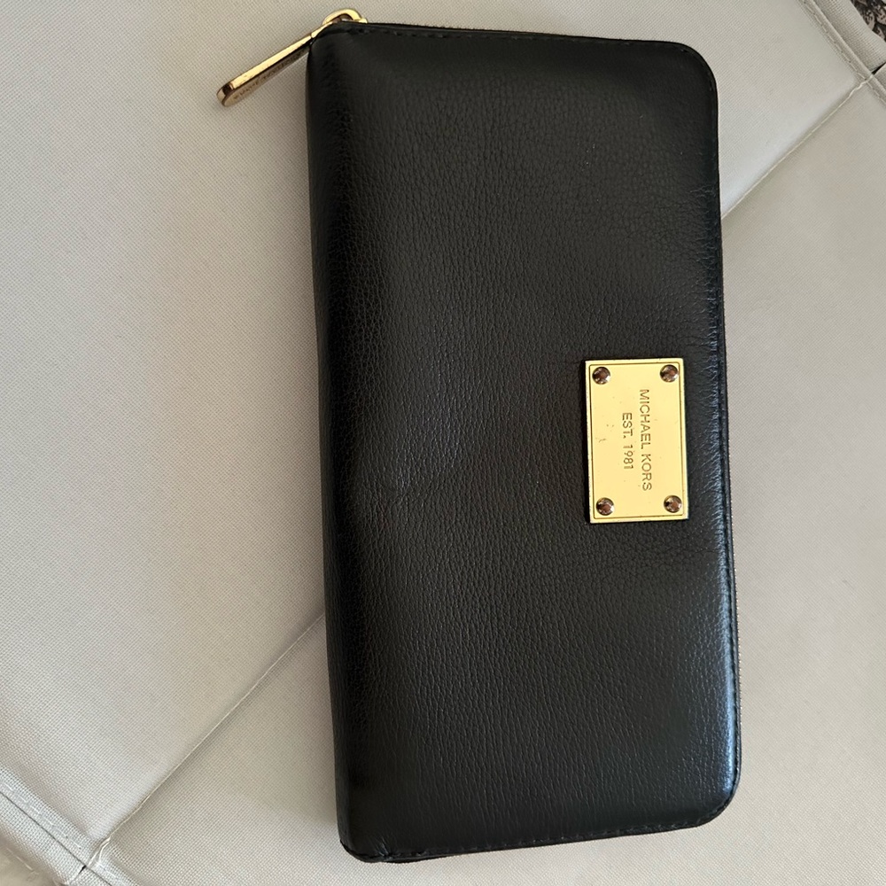 Michael Kors Black Leather Wallet with Gold Plate